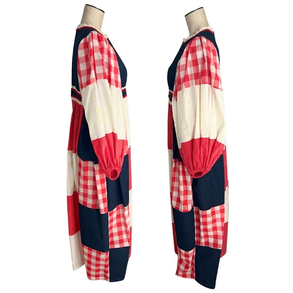 Vintage 1960s 70s Marianne Red Blue Patchwork Prairie Maxi Dress // XS S 2 4 6 - Picture 4 of 8